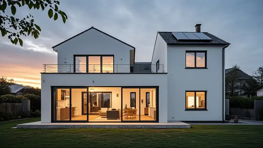 Contemporary light steel frame building with large glass doors and windows, showcasing modern architecture and energy-efficient design, ideal for global construction projects.