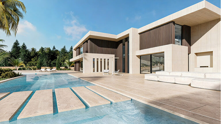 Luxury Champagne House exterior featuring a sleek modern architecture with a private pool, outdoor lounging area, and lush greenery, perfect for a sophisticated and elegant lifestyle.