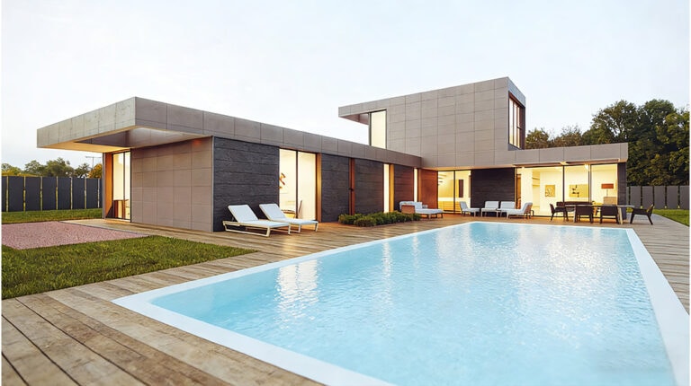 Modern luxury house with a large swimming pool, outdoor lounge chairs, and contemporary architecture, set in a spacious backyard with lush greenery and a clear sky.