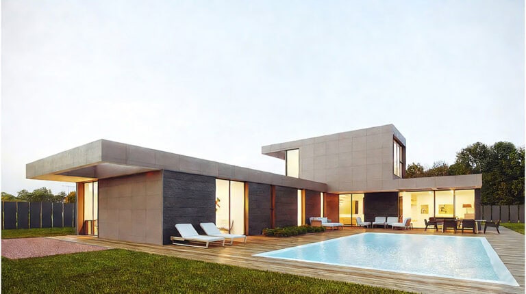 Contemporary luxury home featuring sleek architecture, large windows, and an inviting outdoor pool area, perfect for modern living and outdoor entertainment.