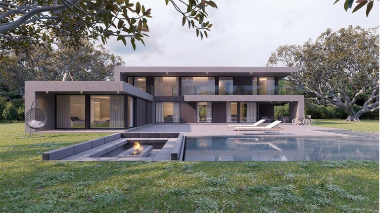 Modern luxury home with pool, outdoor fire pit, and spacious patio, showcasing contemporary architecture and stylish outdoor living space.