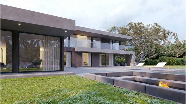 Contemporary luxury house with outdoor fire pit, pool, and spacious patio, showcasing modern architecture and lush landscaping for upscale living.