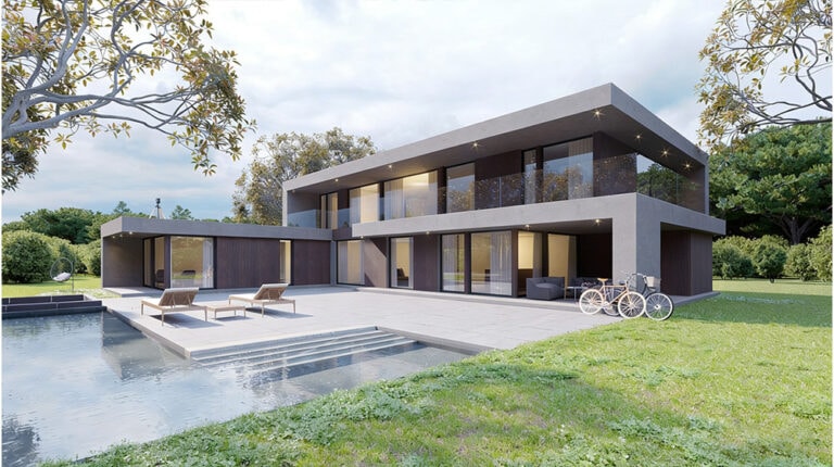 Contemporary house featuring large glass windows, a swimming pool, and outdoor lounge chairs, set in a lush green landscape. Perfect for modern living and outdoor relaxation.