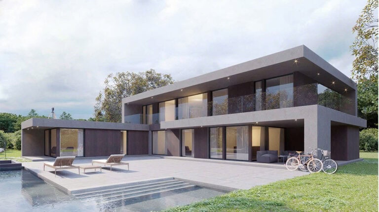 Elegant contemporary house featuring large glass windows, a swimming pool, and outdoor seating, set in a lush green landscape.