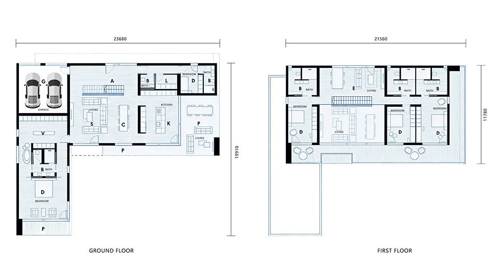 Elegant architectural blueprint of a contemporary home, showcasing ground and first-floor designs with room arrangements, measurements, and structural details.
