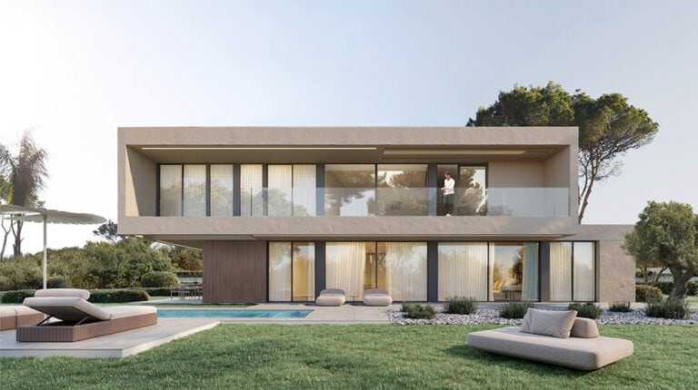 Elegant modern villa featuring large glass windows, a spacious outdoor pool, and lush landscaped gardens, perfect for luxurious living and outdoor entertaining.