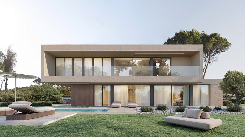 Elegant modern villa featuring large glass windows, a spacious outdoor pool, and lush landscaped gardens, perfect for luxurious living and outdoor entertaining.