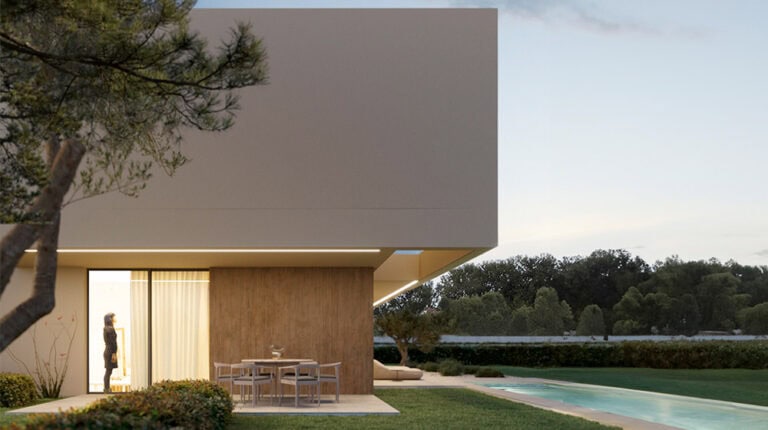 Modern minimalist house featuring a sleek design, large glass windows, and an outdoor pool with a patio area for relaxation and entertainment.