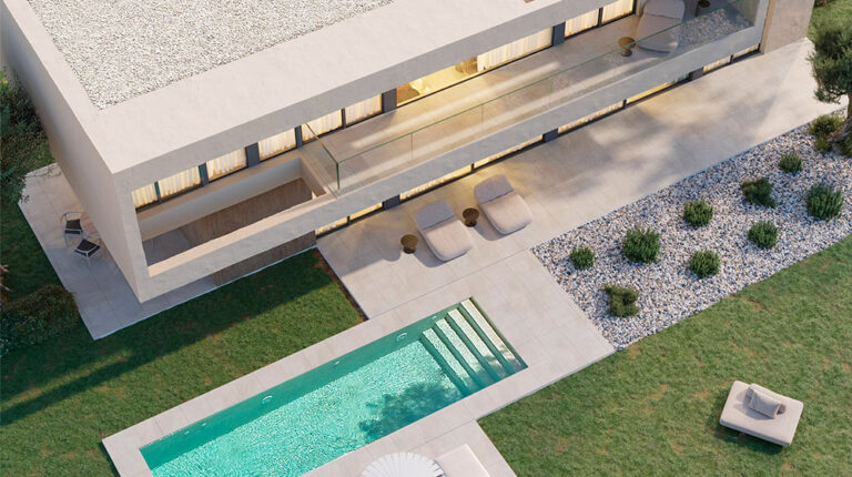Aerial view of a modern minimalist house featuring an outdoor swimming pool, landscaped garden with plants, and outdoor seating area, showcasing contemporary architecture and outdoor living space.