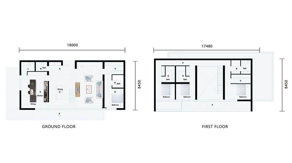 Elegant modern house layout with spacious ground and first floors, featuring open living areas, multiple bedrooms, and contemporary design elements.