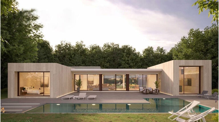 Contemporary Suva House featuring sleek architecture, large glass windows, and an inviting outdoor pool area, perfect for modern living and outdoor entertainment.