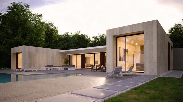 Modern Suva House with pool, outdoor lounge, and large glass windows, showcasing contemporary architecture and minimalist design in a lush green setting.