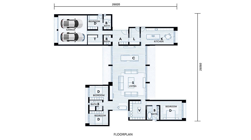 Detailed floor plan of Suva House showcasing bedrooms, bathrooms, kitchen, garage, and living spaces for optimal home design and layout.