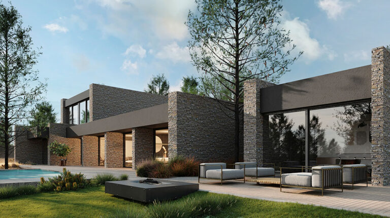 Luxury contemporary home with sleek design, large glass windows, and stone accents, set in a lush landscaped garden with outdoor seating and a swimming pool.