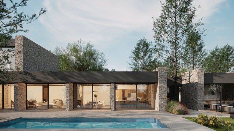 Contemporary glass house featuring large windows, a swimming pool, and lush landscaping, perfect for modern outdoor living and stylish home design.