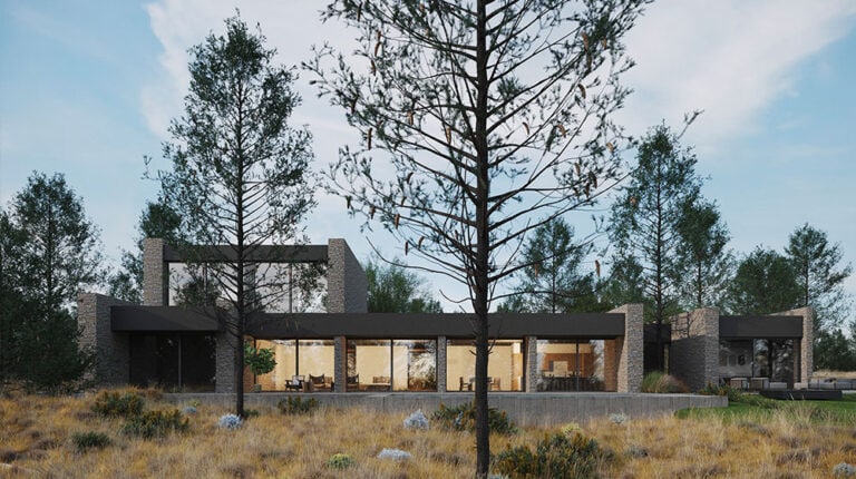 Eco-friendly modern house with large glass windows and natural stone accents in a forest setting.