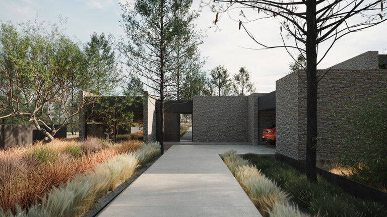 Contemporary home entrance featuring a sleek driveway, landscaped plants, and tall trees creating a serene outdoor environment. The design emphasizes modern architecture and natural surroundings.