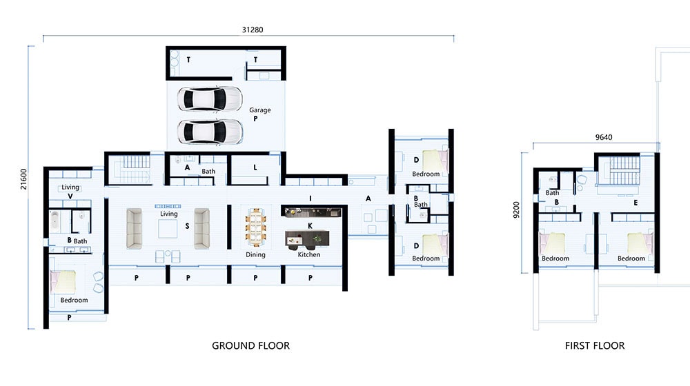 A detailed architectural blueprint of a contemporary house featuring a spacious garage, multiple bedrooms, living areas, and a well-designed layout for comfortable living.