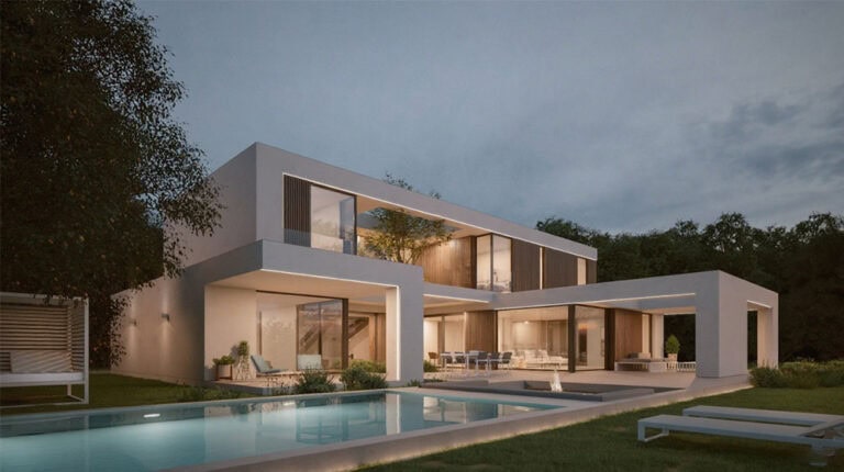 Elegant minimalist steel house with sleek design, large windows, and outdoor pool, perfect for contemporary living. Ideal for those seeking a stylish, energy-efficient, and customizable home.