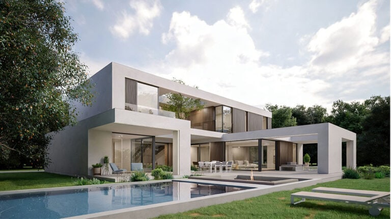 Contemporary AS/US light steel modular home with minimalist design, large windows, and outdoor pool, perfect for modern living in Teruel.