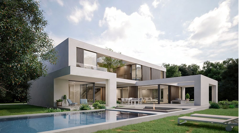 Contemporary AS/US light steel modular home with minimalist design, large windows, and outdoor pool, perfect for modern living in Teruel.