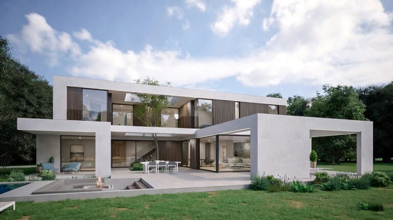 Contemporary AS/US light steel modular home with minimalist design, large glass windows, and outdoor patio, perfect for modern living in Teruel.
