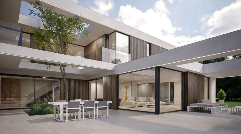 Contemporary steel modular home with minimalist design, large glass windows, and spacious outdoor patio, ideal for modern living and sustainable architecture.