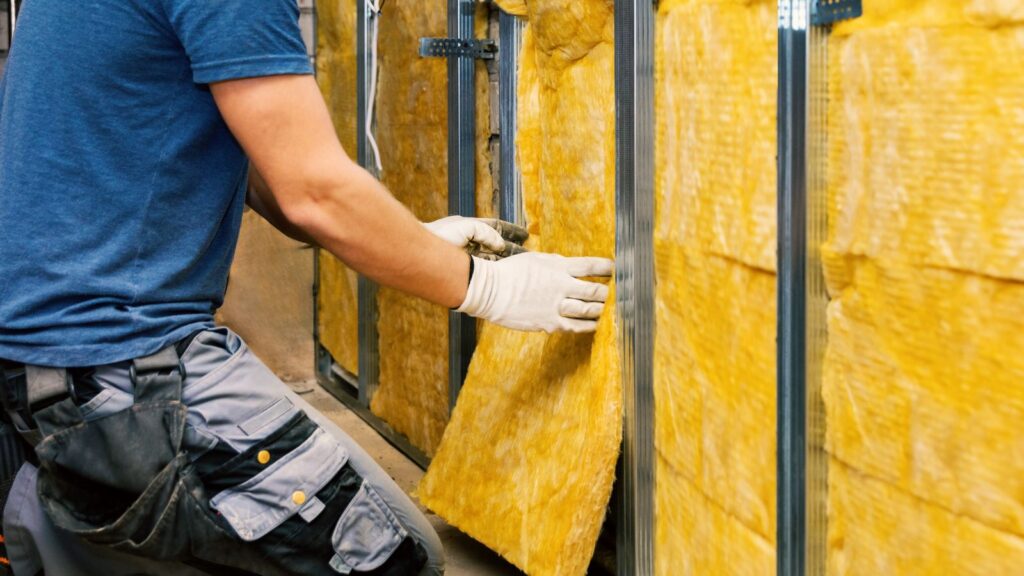 a worker installing fiberglass panels in steel frame mobile home