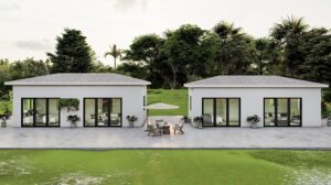 Modern twin tiny homes with large glass doors, surrounded by lush greenery and tropical trees, ideal for sustainable living and outdoor relaxation.