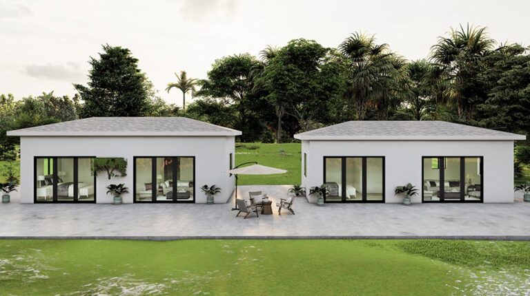 Modern twin tiny homes with large glass doors, surrounded by lush greenery and tropical trees, ideal for sustainable living and outdoor relaxation.