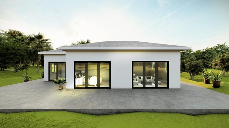 A contemporary single-story house featuring expansive glass windows, a sleek white exterior, and a spacious outdoor patio, ideal for modern living and outdoor entertaining.