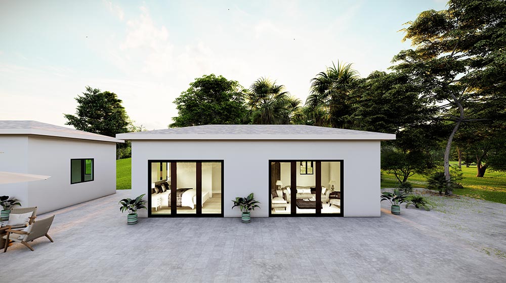 Contemporary minimalist house featuring large glass sliding doors, surrounded by lush trees and outdoor patio, ideal for modern living and outdoor relaxation.