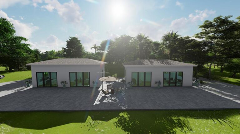 Two contemporary tiny homes with large glass doors and outdoor patio, set in lush green surroundings under a bright sunny sky, ideal for sustainable living.