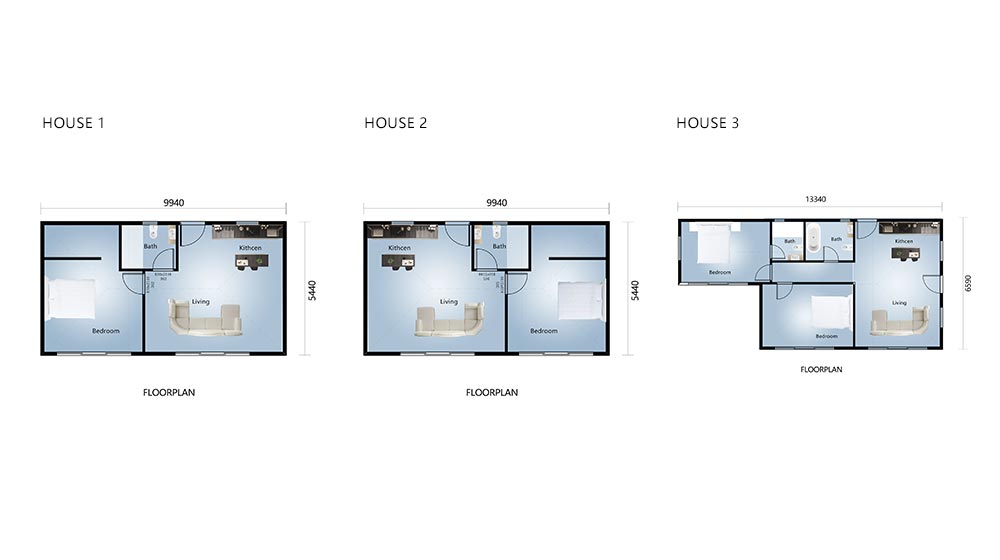 Detailed floor plans of three modern houses by Deepblue, showcasing innovative layouts and efficient use of space for contemporary living.