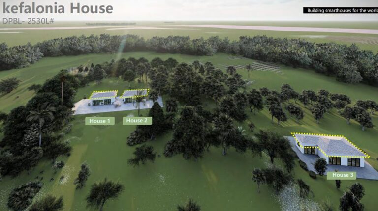 Modern eco-friendly house design with three separate units surrounded by lush greenery and trees.