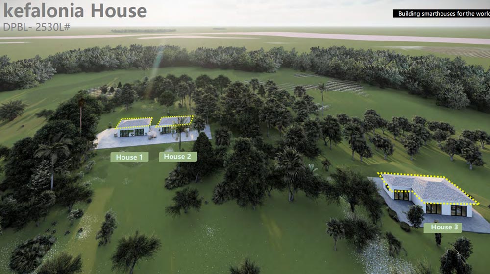 Modern eco-friendly house design with three separate units surrounded by lush greenery and trees.