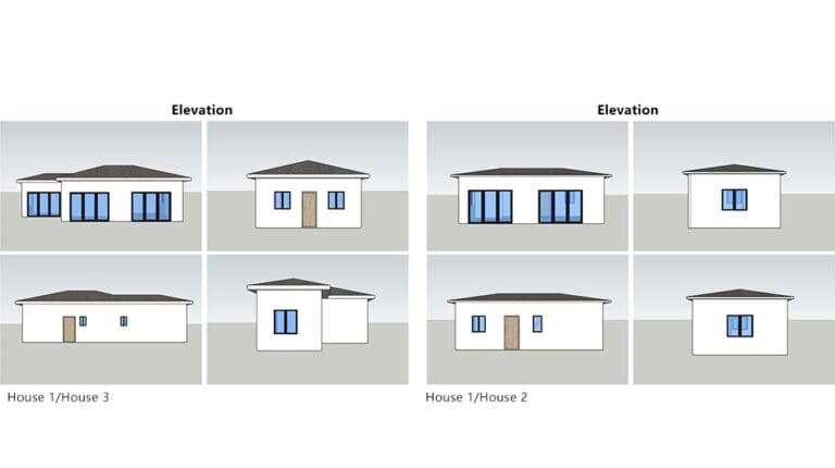 Architectural elevation views of modern residential houses showcasing different styles and layouts for home design inspiration.