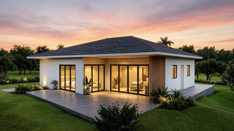 Modern prefab villa with light steel frame construction in Greece, featuring spacious glass doors, a sleek design, and lush surrounding landscape, perfect for luxury living.