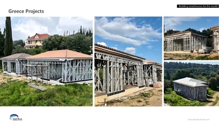 Modern steel frame prefab house under construction in Greece, showcasing sustainable building techniques and contemporary design for luxury living.