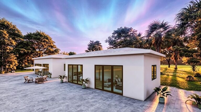 Modern prefab house in Greece with sleek design, large glass windows, and outdoor patio, perfect for a luxurious single-family home in Kefalonia.