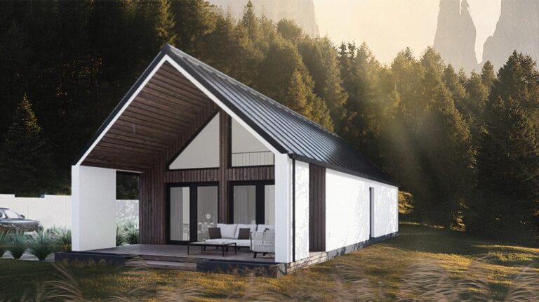 A cozy, contemporary A-frame cabin with large glass doors and a spacious porch, set amidst lush forest and mountain scenery, ideal for a peaceful retreat or vacation home.