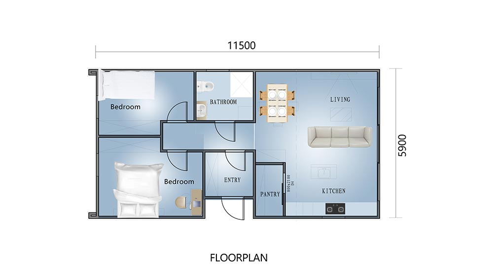 Floor plan of a modern tiny home featuring two bedrooms, a bathroom, an open living area, kitchen, pantry, and entry, designed for efficient use of space and comfort.