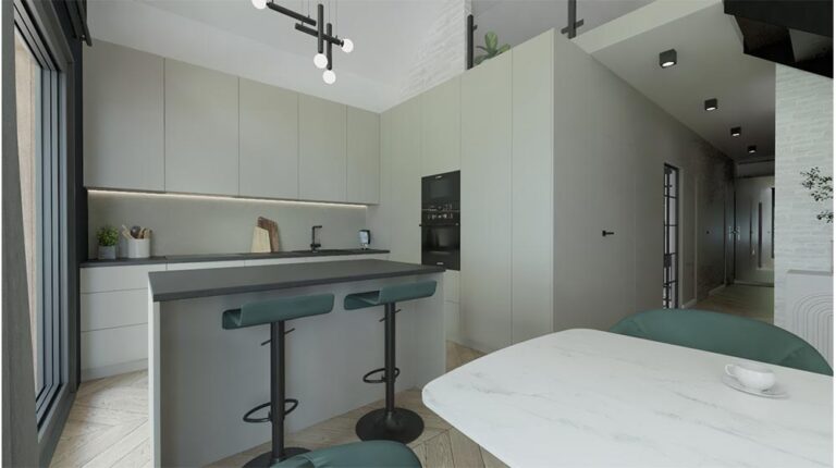 Contemporary minimalist kitchen featuring sleek white cabinetry, a small breakfast bar with two stools, and integrated appliances, creating a clean and functional space.
