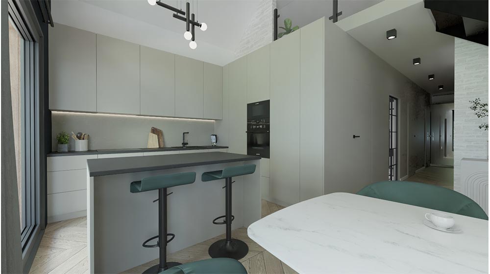 Contemporary minimalist kitchen featuring sleek white cabinetry, a small breakfast bar with two stools, and integrated appliances, creating a clean and functional space.
