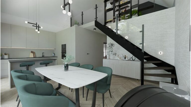 Elegant dining space featuring a sleek white marble table, teal chairs, and a contemporary staircase in a bright, stylish home interior.