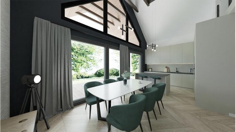 Bright and spacious dining room featuring large windows, high vaulted ceilings, and contemporary decor, ideal for enjoying meals with natural light and scenic views.