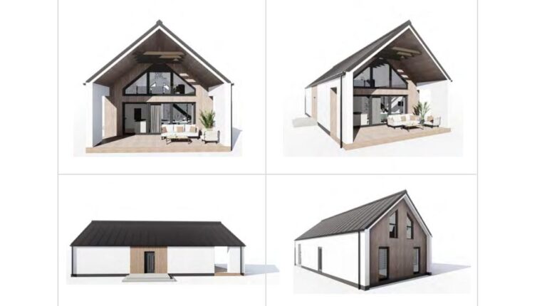 Contemporary A-frame cabin with large windows, spacious balcony, and modern interior, ideal for vacation homes or mountain retreats.