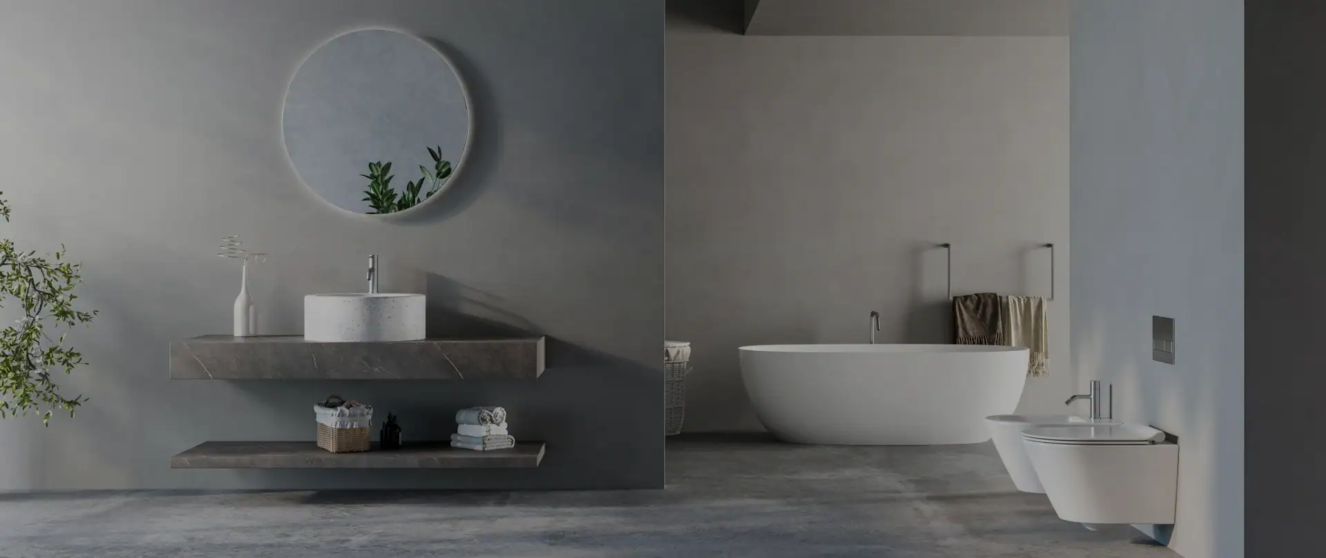 Contemporary bathroom featuring a freestanding bathtub, wall-mounted vanity with sink, round mirror, and neutral gray tones for a sleek, modern look.