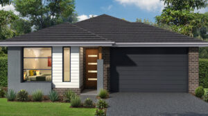 Bright, contemporary home featuring a sleek garage, wooden front door, and lush green landscaping. Perfect for modern living, combining style and functionality in a suburban setting.