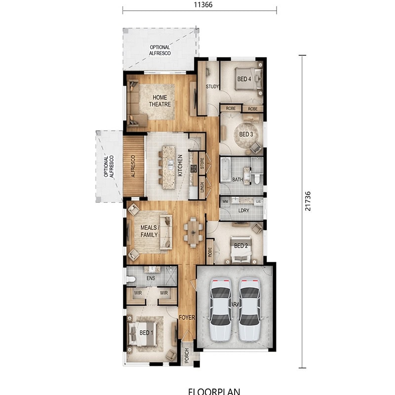 Elegant Zadar House floorplan showcasing open-concept kitchen, family meals area, and multiple bedrooms with en-suite bathrooms. Features a double garage, laundry, and optional alfresco for outdoor li.